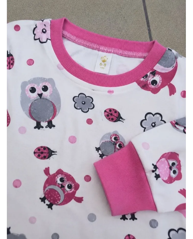 Kız Çocuk Premium Penye Baykuş Desenli Uzun Kollu Pijama Takımı 2-11 Yaş - Pembe
