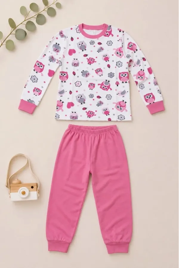 Kız Çocuk Premium Penye Baykuş Desenli Uzun Kollu Pijama Takımı 2-11 Yaş - Pembe