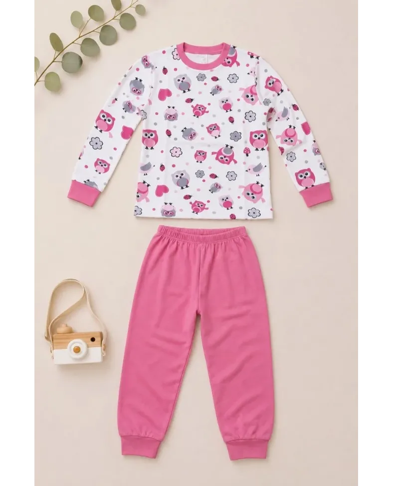 Kız Çocuk Premium Penye Baykuş Desenli Uzun Kollu Pijama Takımı 2-11 Yaş - Pembe
