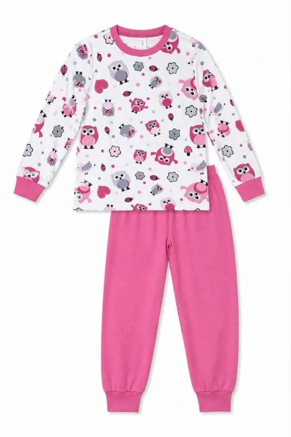 Kız Çocuk Premium Penye Baykuş Desenli Uzun Kollu Pijama Takımı 2-11 Yaş - Pembe