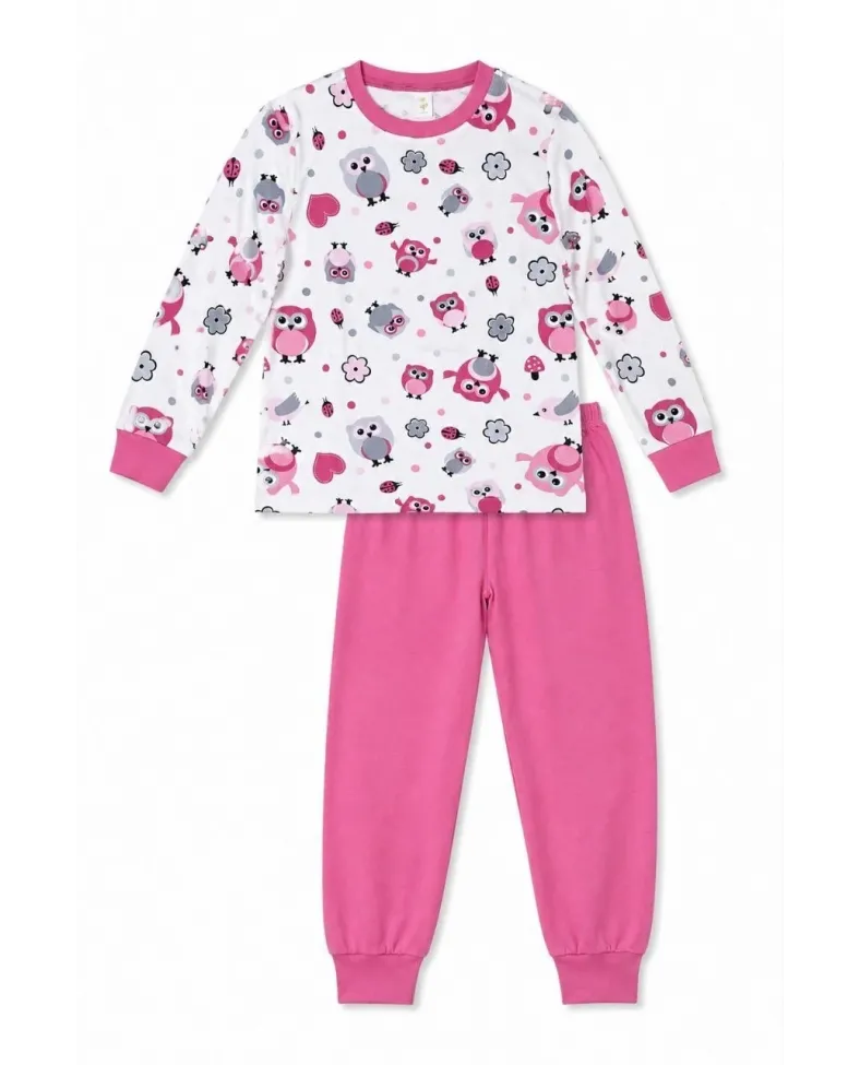Kız Çocuk Premium Penye Baykuş Desenli Uzun Kollu Pijama Takımı 2-11 Yaş - Pembe