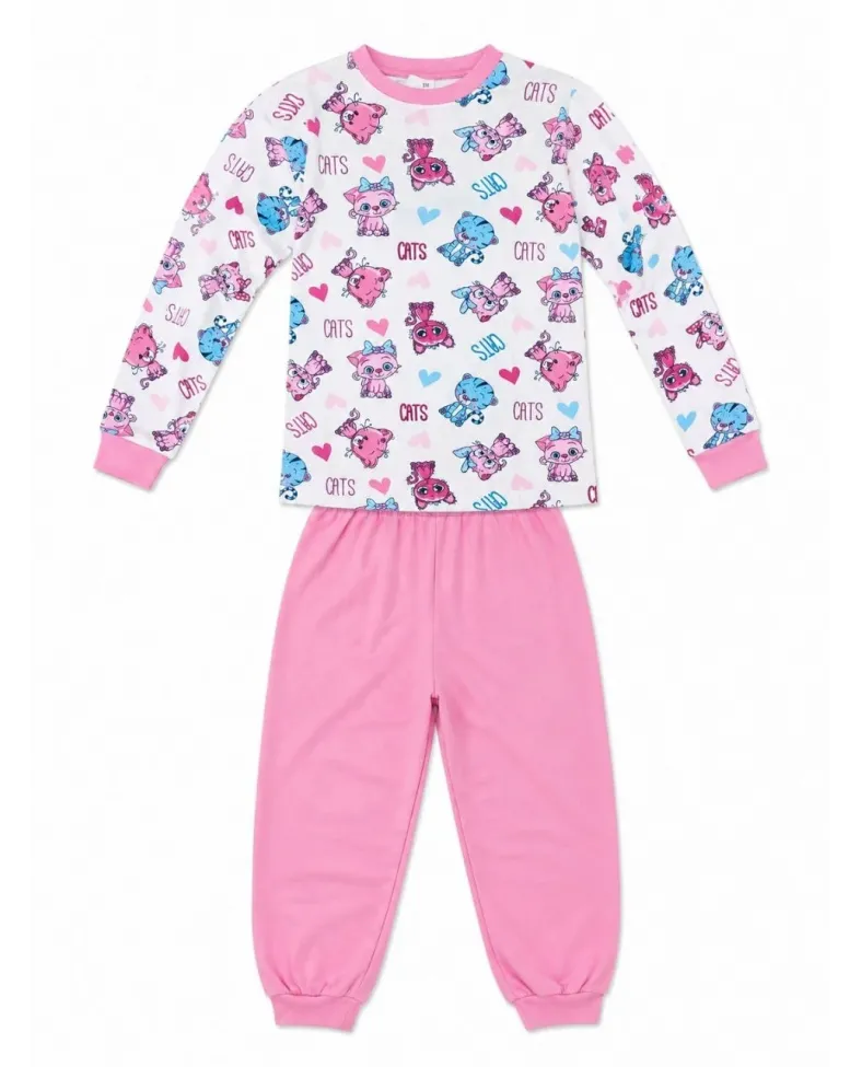 Kız Çocuk Premium Penye Kedi Desenli Uzun Kollu Pijama Takımı 2-11 Yaş - Pembe