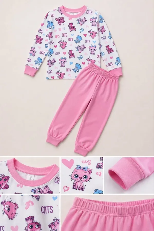 Kız Çocuk Premium Penye Kedi Desenli Uzun Kollu Pijama Takımı 2-11 Yaş - Pembe