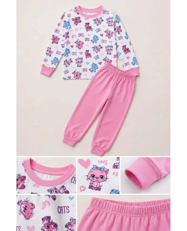 Kız Çocuk Premium Penye Kedi Desenli Uzun Kollu Pijama Takımı 2-11 Yaş - Pembe