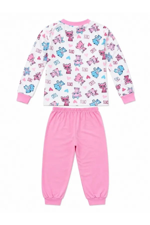 Kız Çocuk Premium Penye Kedi Desenli Uzun Kollu Pijama Takımı 2-11 Yaş - Pembe