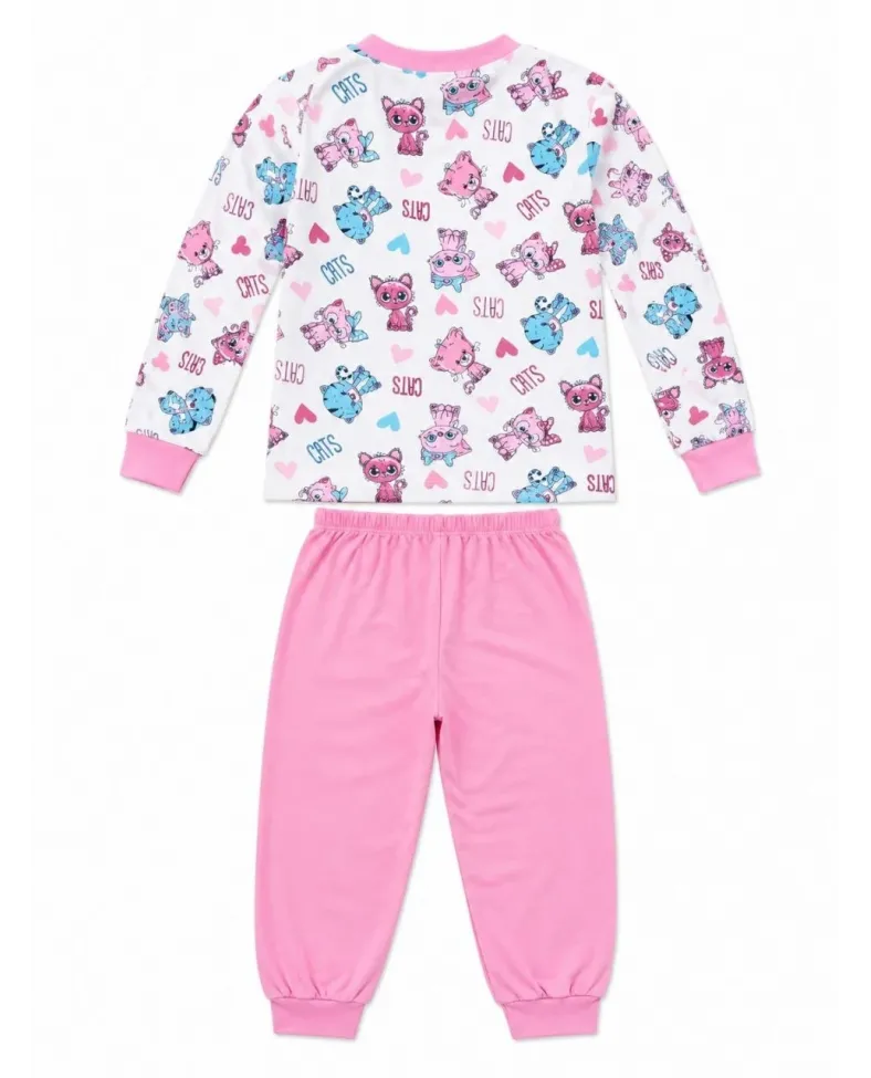 Kız Çocuk Premium Penye Kedi Desenli Uzun Kollu Pijama Takımı 2-11 Yaş - Pembe