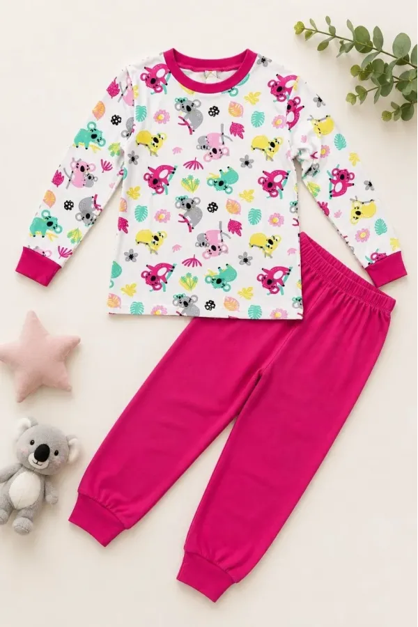 Kız Çocuk Premium Penye Koala Desenli Uzun Kollu Pijama Takımı 2-11 Yaş - Fuşya