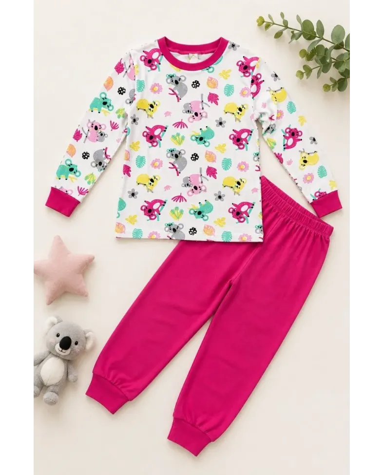 Kız Çocuk Premium Penye Koala Desenli Uzun Kollu Pijama Takımı 2-11 Yaş - Fuşya