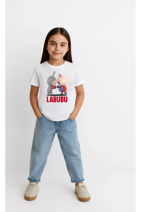 Kız Labubu Çocuk Baskılı T-Shirt - Beyaz