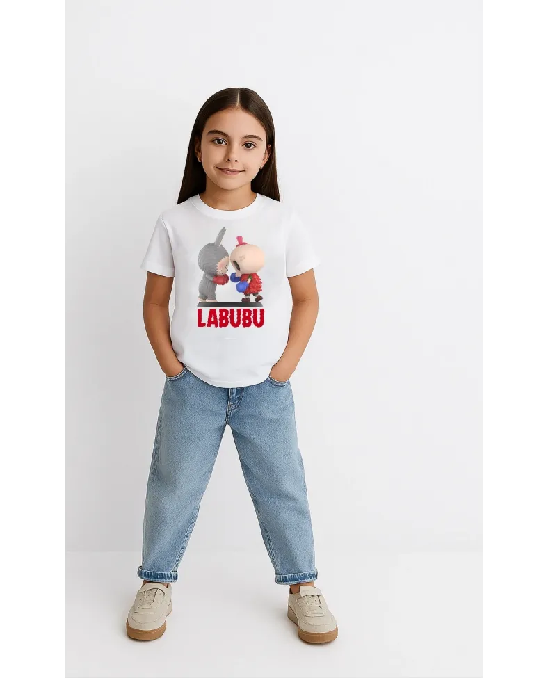 Kız Labubu Çocuk Baskılı T-Shirt - Beyaz