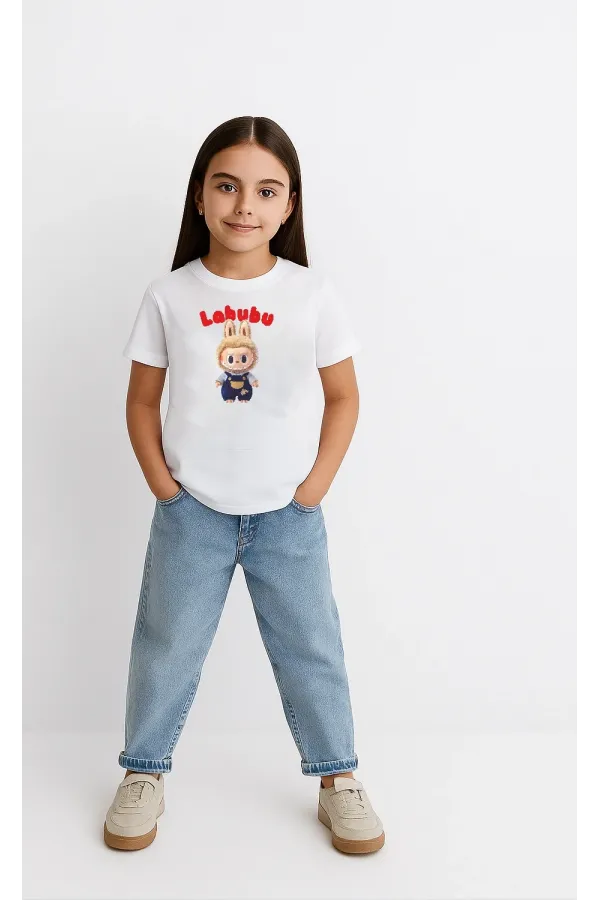 Kız Labubu Çocuk Baskılı T-Shirt - Beyaz