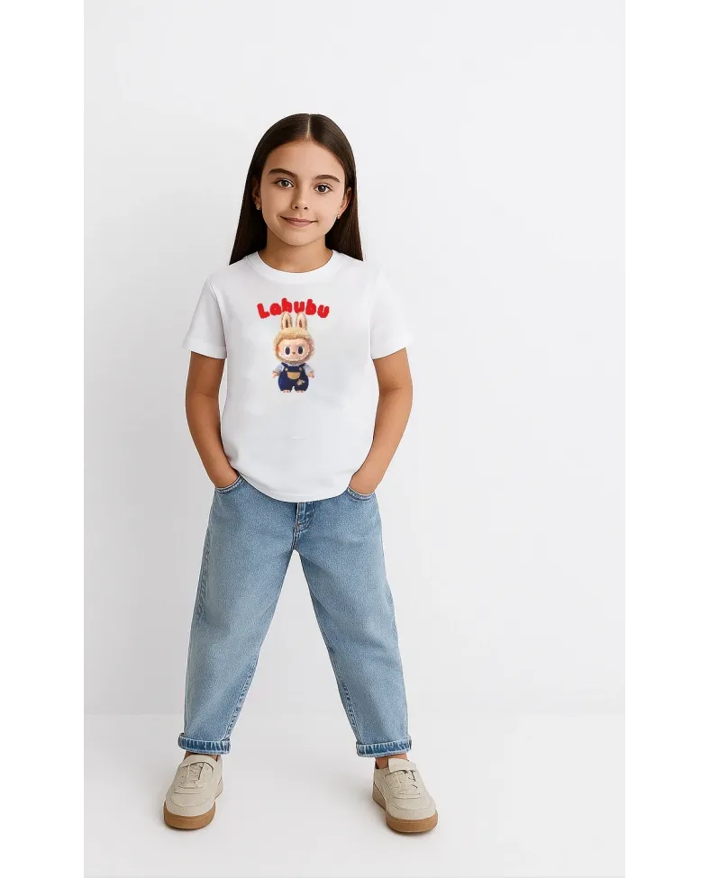 Kız Labubu Çocuk Baskılı T-Shirt - Beyaz