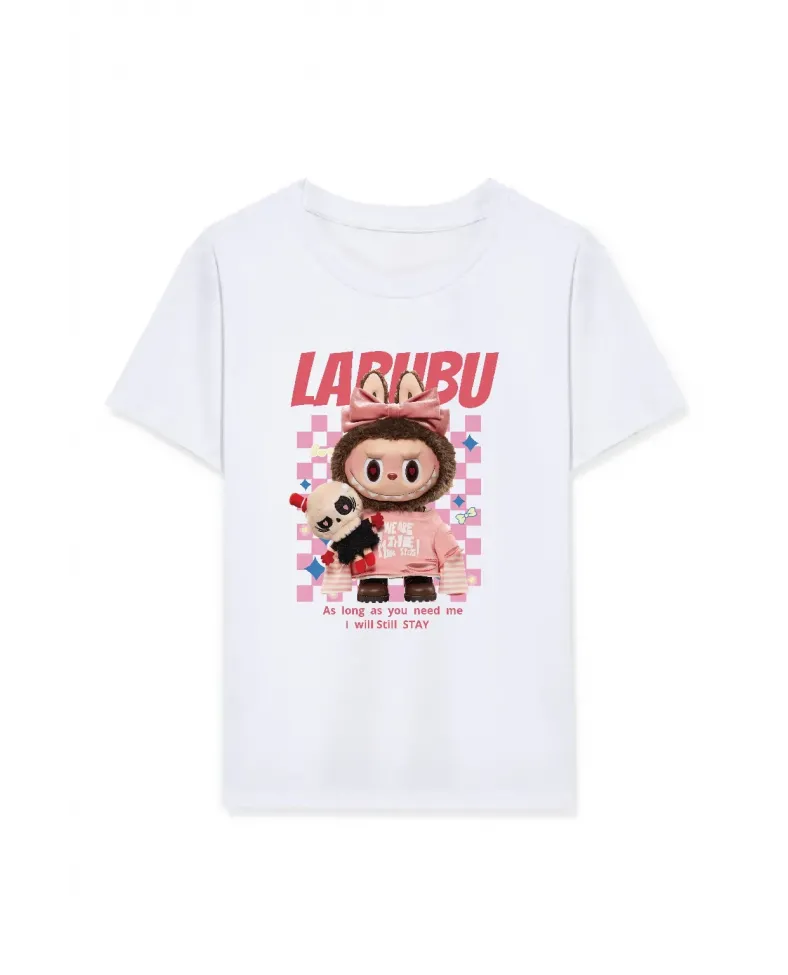 Kız Labubu Çocuk Baskılı T-Shirt - Beyaz