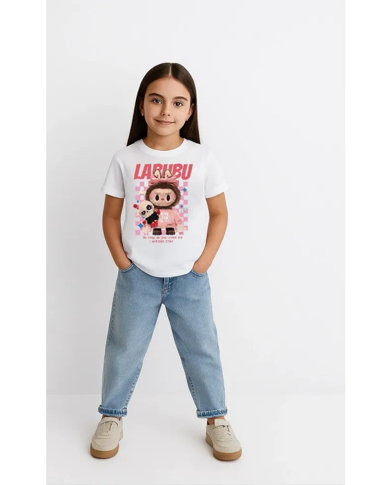 Kız Labubu Çocuk Baskılı T-Shirt - Beyaz