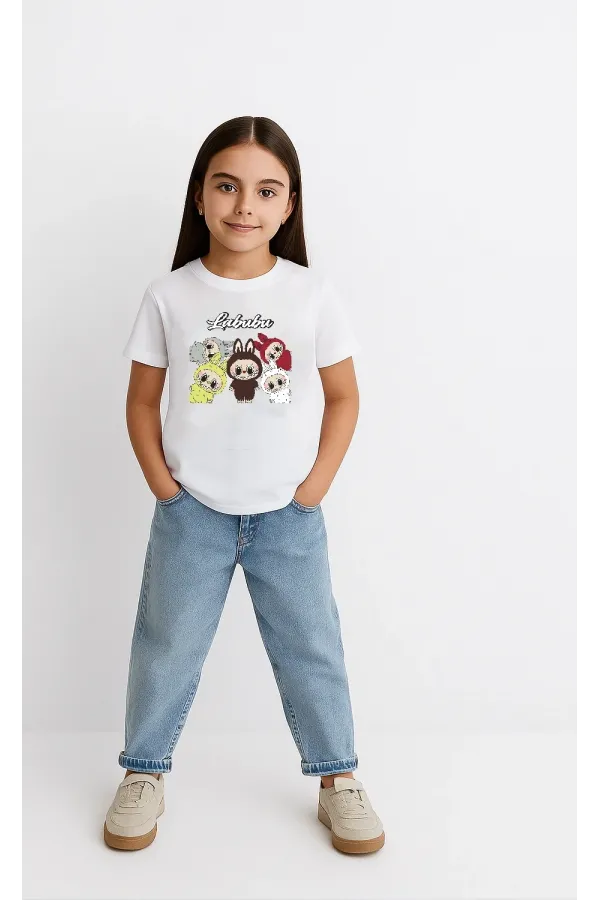 Kız Labubu Çocuk Baskılı T-Shirt - Beyaz