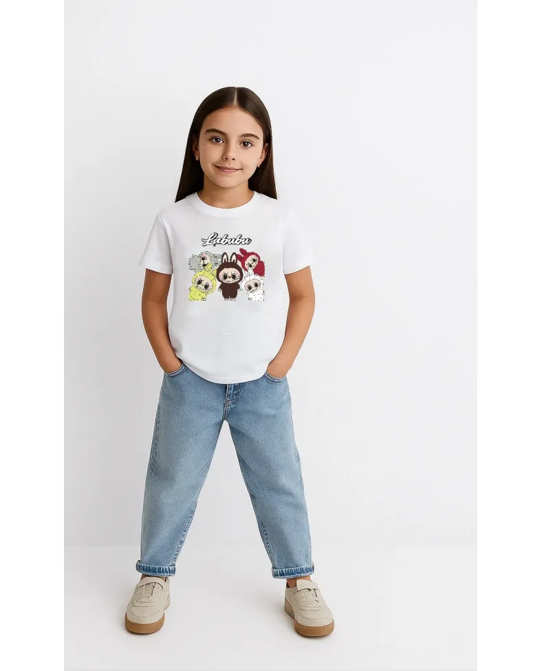 Kız Labubu Çocuk Baskılı T-Shirt - Beyaz