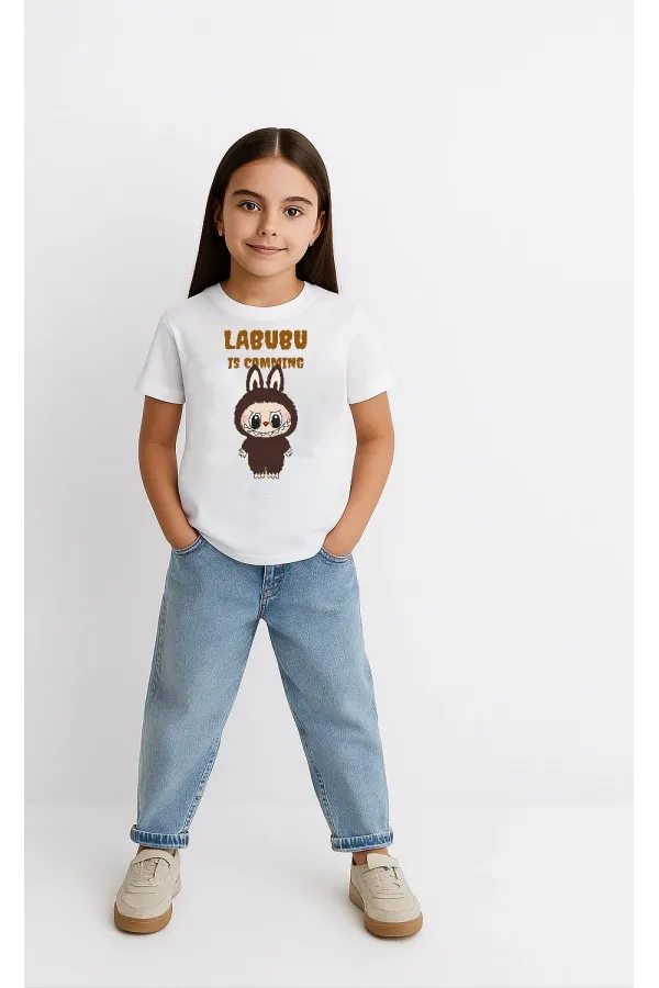 Kız Labubu Çocuk Baskılı T-Shirt - Beyaz
