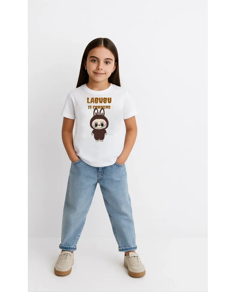 Kız Labubu Çocuk Baskılı T-Shirt - Beyaz