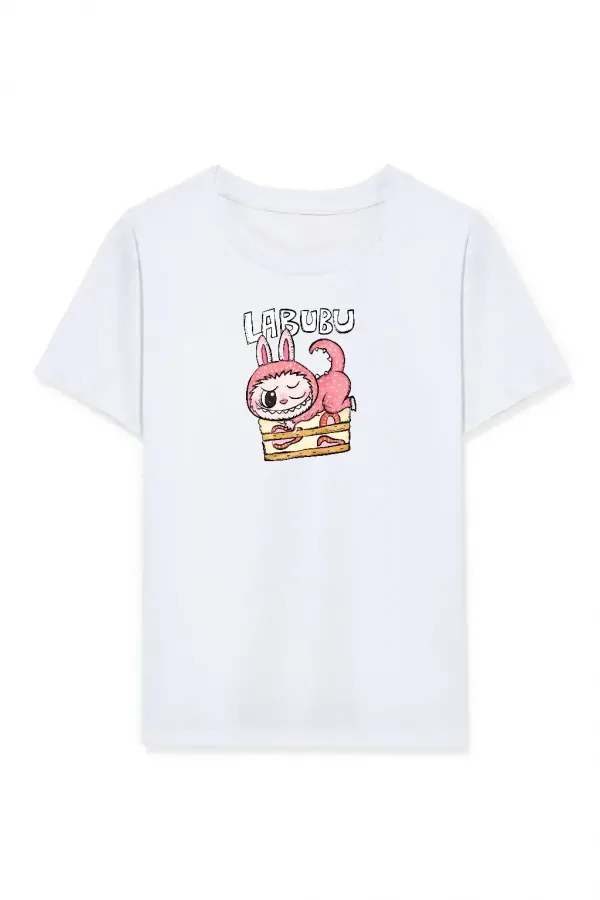 Kız Labubu Çocuk Baskılı T-Shirt - Beyaz