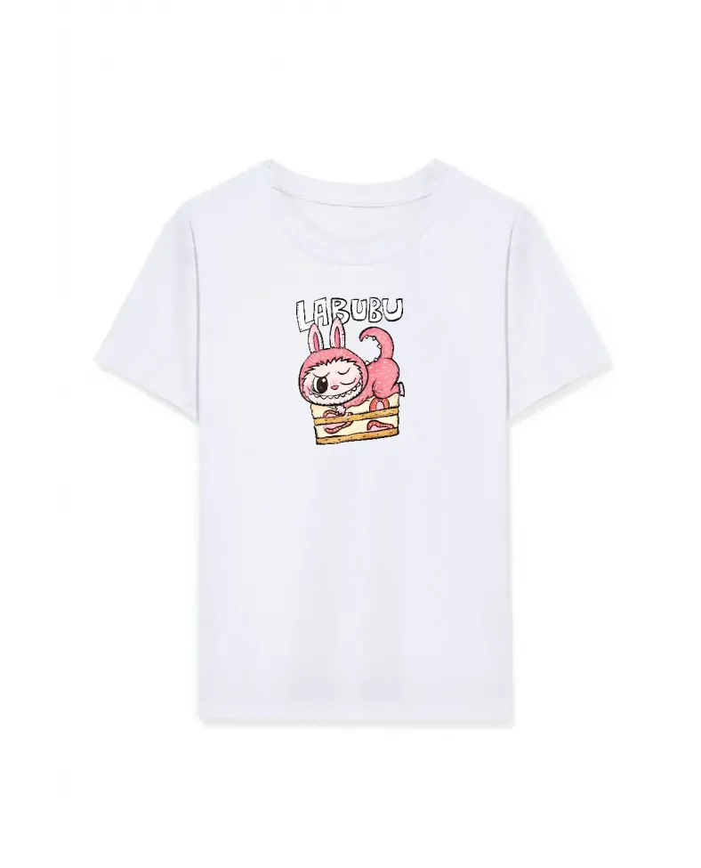 Kız Labubu Çocuk Baskılı T-Shirt - Beyaz