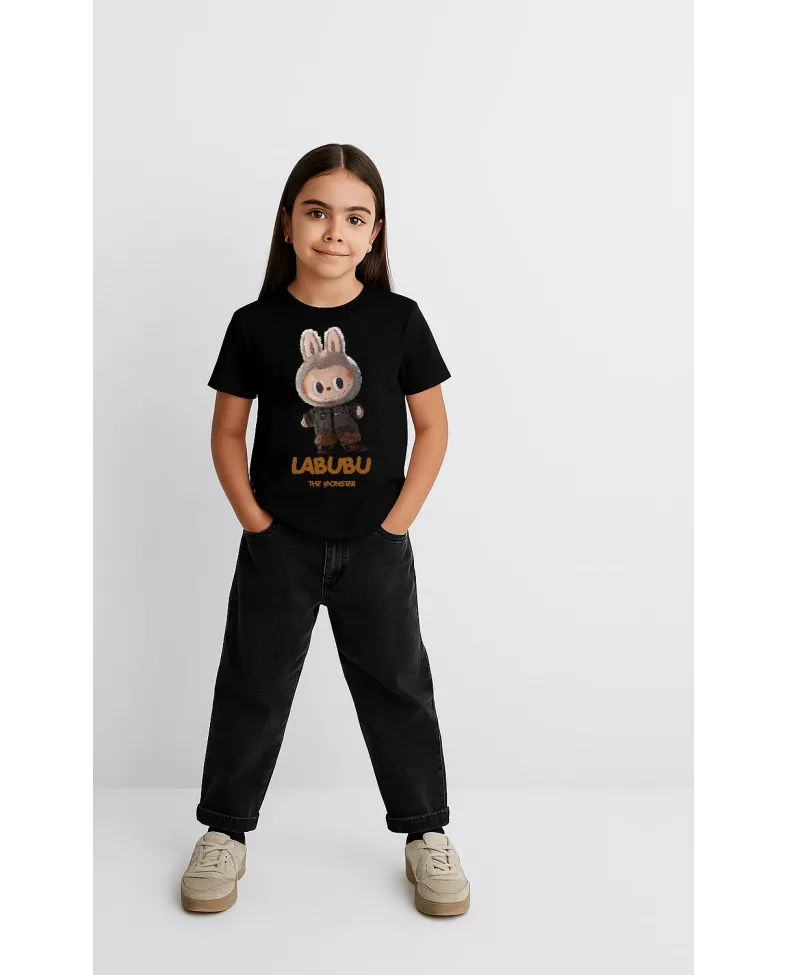 Kız Labubu Çocuk Baskılı T-Shirt - Siyah