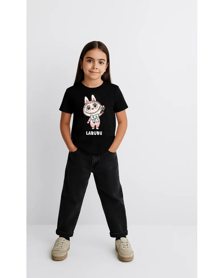 Kız Labubu Çocuk Baskılı T-Shirt - Siyah