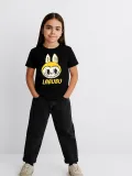 Kız Labubu Çocuk Baskılı T-Shirt - Siyah