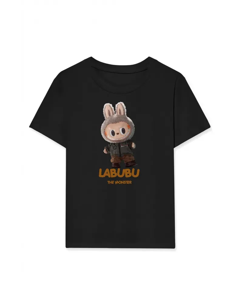 Kız Labubu Çocuk Baskılı T-Shirt - Siyah