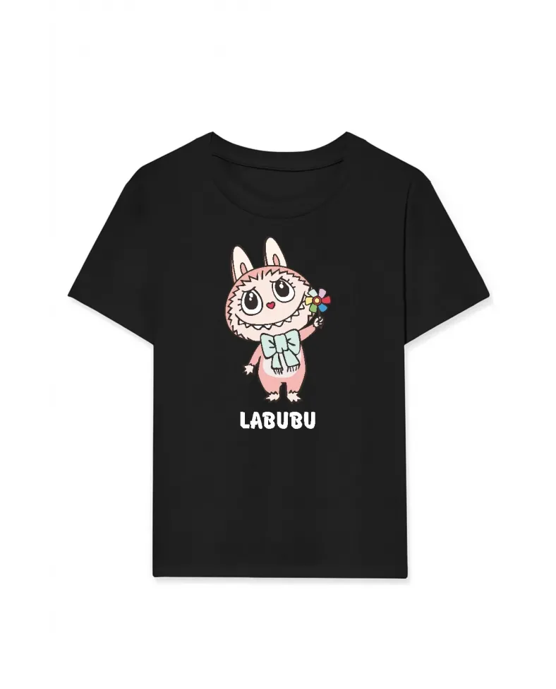 Kız Labubu Çocuk Baskılı T-Shirt - Siyah