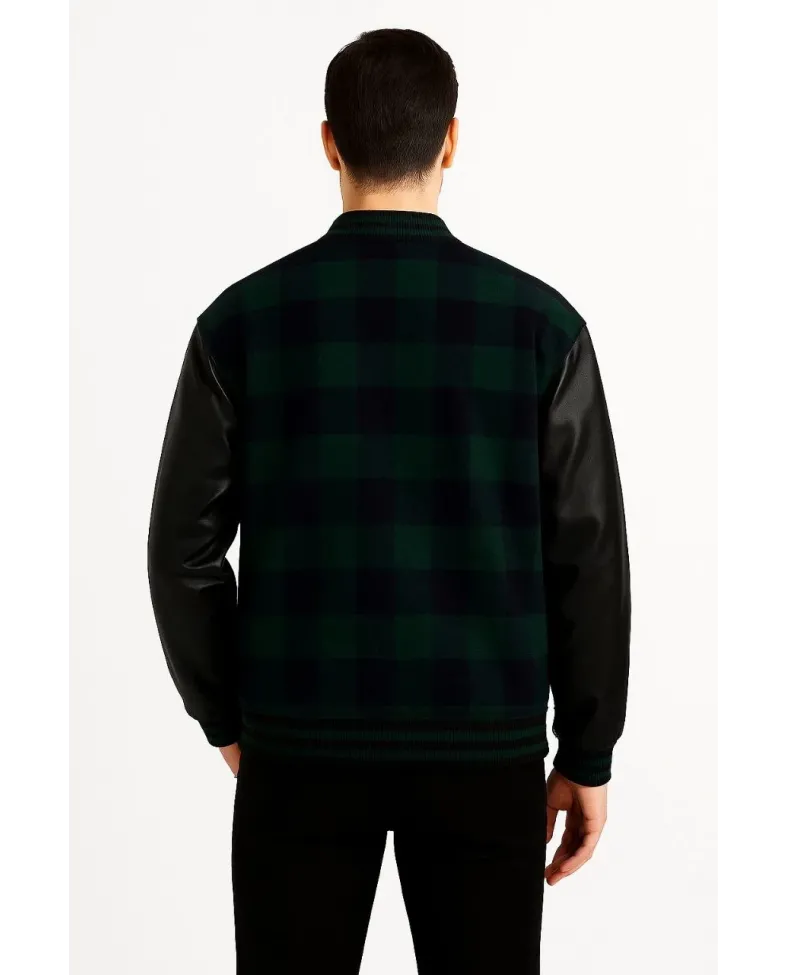 Erkek Kolej Ceket – Kareli Oduncu Kumaş, Kolları Suni Deri, Fermuarlı, İçi Kapitone Astarlı, Nakışlı Oversize Bahar & Kış Stil - Haki