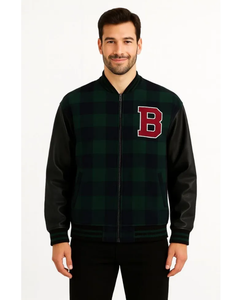 Erkek Kolej Ceket – Kareli Oduncu Kumaş, Kolları Suni Deri, Fermuarlı, İçi Kapitone Astarlı, Nakışlı Oversize Bahar & Kış Stil - Haki