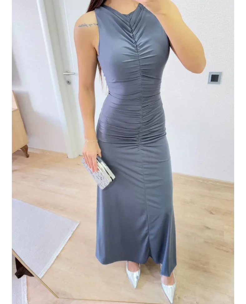 Bürümcük Kumaşlı İçi Astarlı Üzgülü Kolsuz Büzgülü Uzun Elbise - Füme