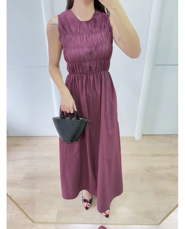 Kolsuz Göğüs Lastıklı %100 Poplin Uzun Elbise - Bordo