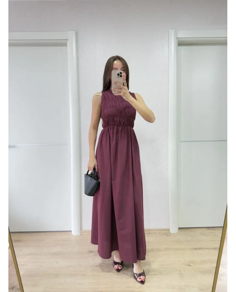 Kolsuz Göğüs Lastıklı %100 Poplin Uzun Elbise - Bordo