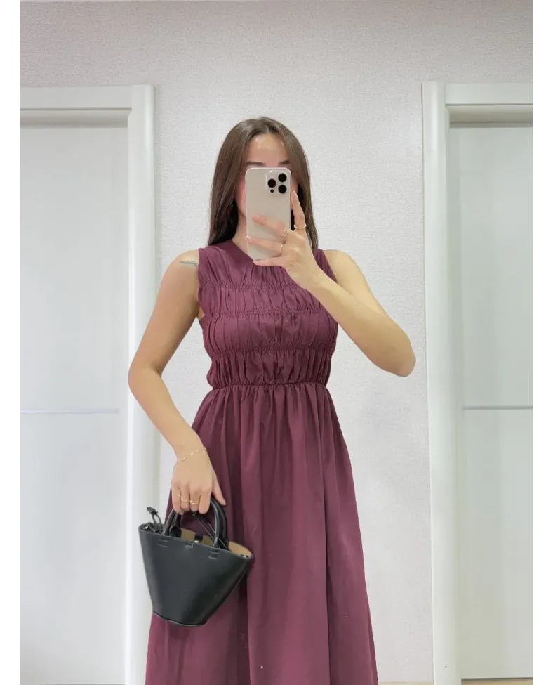 Kolsuz Göğüs Lastıklı %100 Poplin Uzun Elbise - Bordo