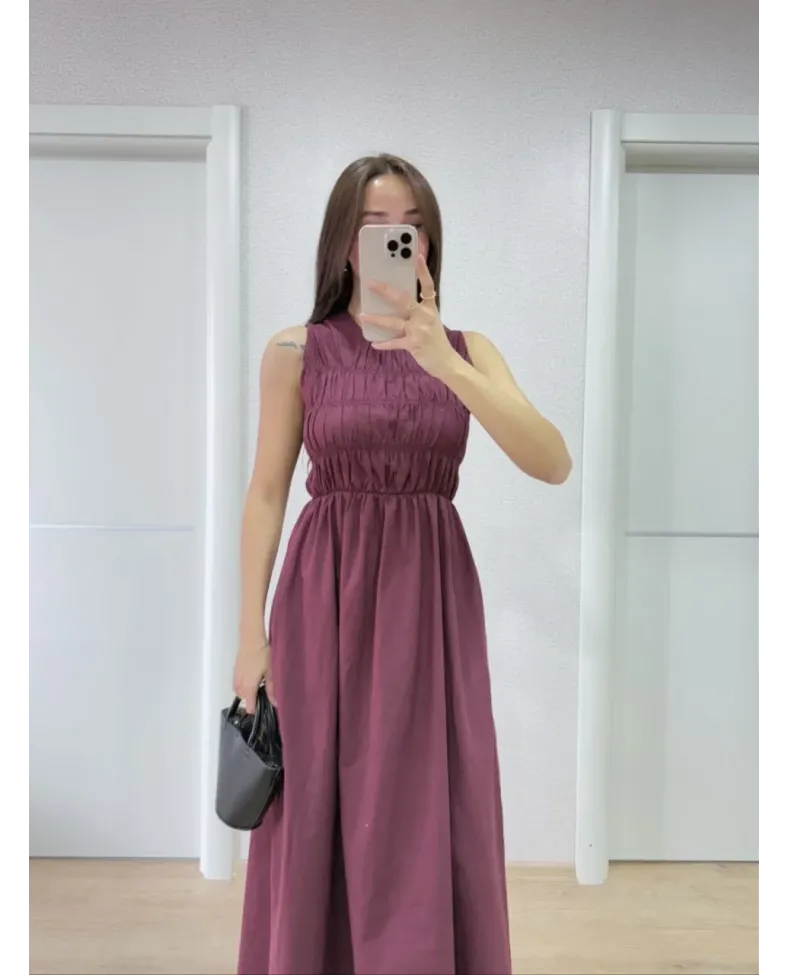 Kolsuz Göğüs Lastıklı %100 Poplin Uzun Elbise - Bordo