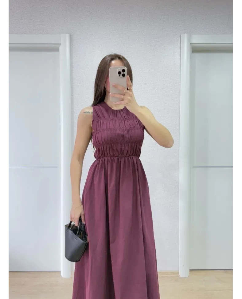 Kolsuz Göğüs Lastıklı %100 Poplin Uzun Elbise - Bordo
