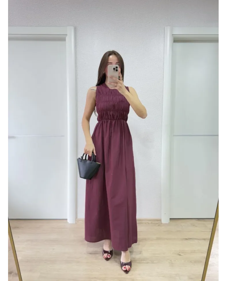 Kolsuz Göğüs Lastıklı %100 Poplin Uzun Elbise - Bordo