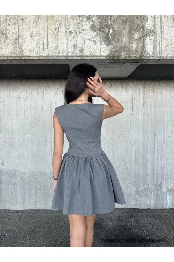 Kolsuz Mini Elbise- Gri