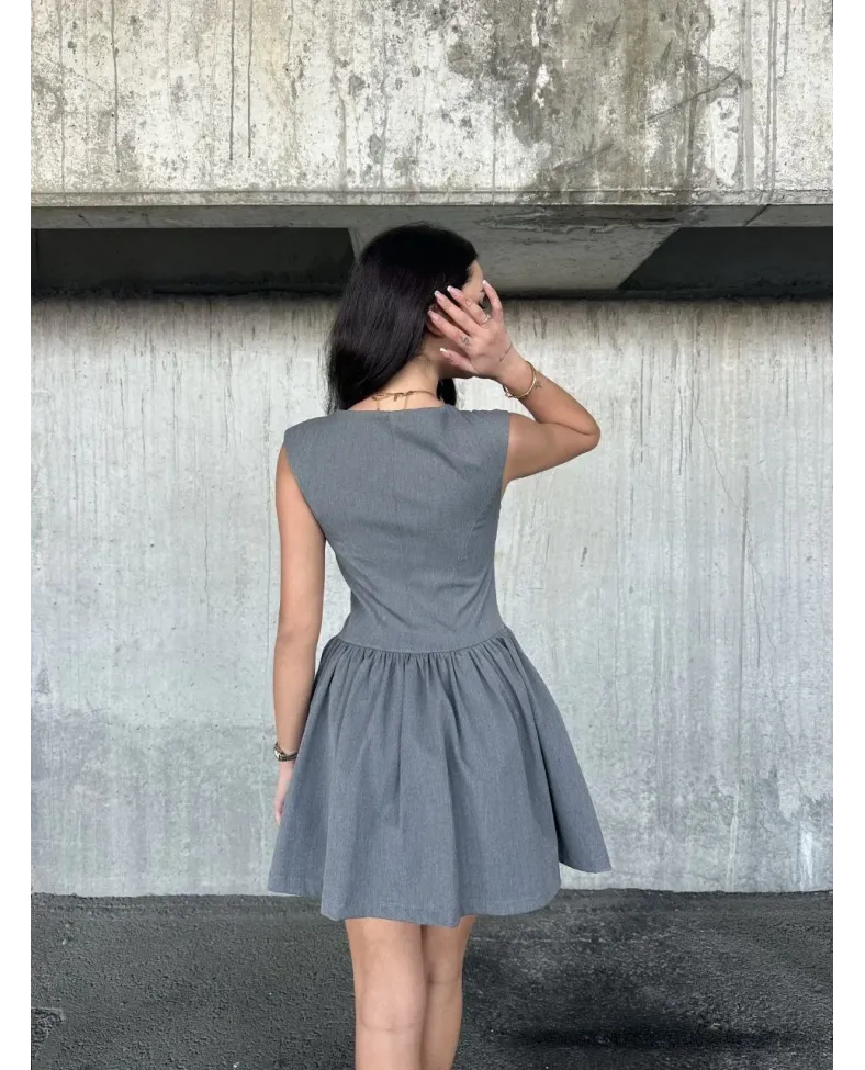 Kolsuz Mini Elbise- Gri