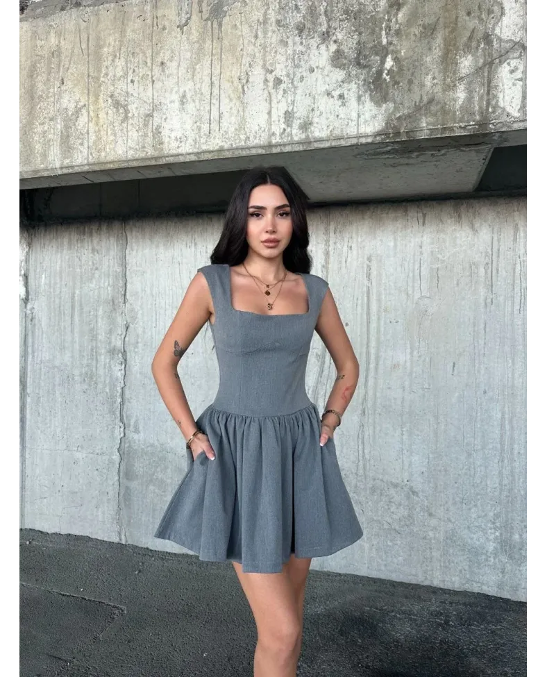 Kolsuz Mini Elbise- Gri