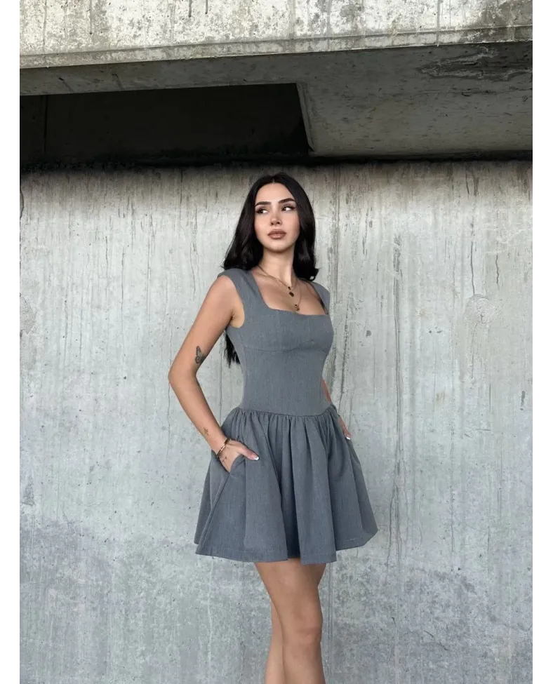 Kolsuz Mini Elbise- Gri
