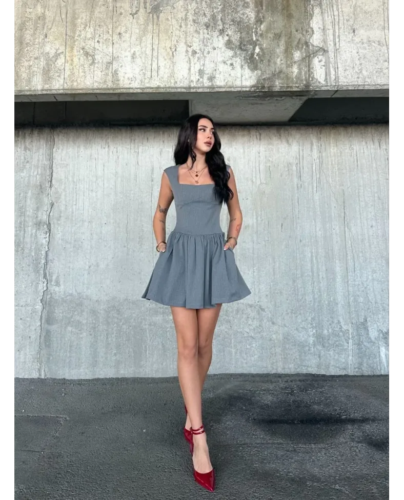 Kolsuz Mini Elbise- Gri
