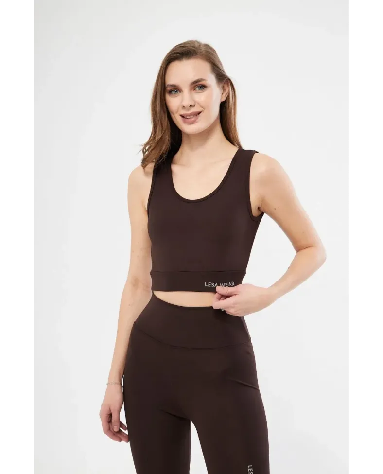 Kolsuz Sporcu Baskılı Crop - Kahve