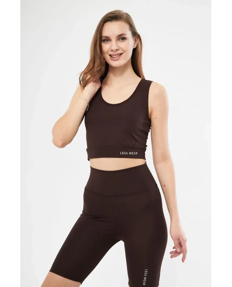Kolsuz Sporcu Baskılı Crop - Kahve