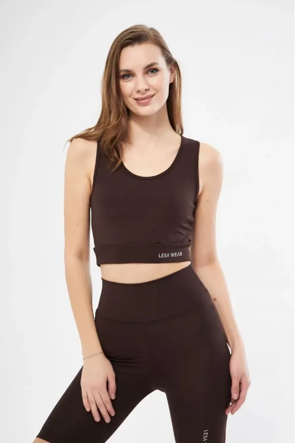 Kolsuz Sporcu Baskılı Crop - Kahve