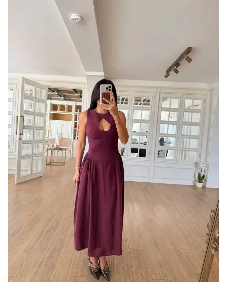 Kolsuz Uzun Kabardin Elbise - Bordo