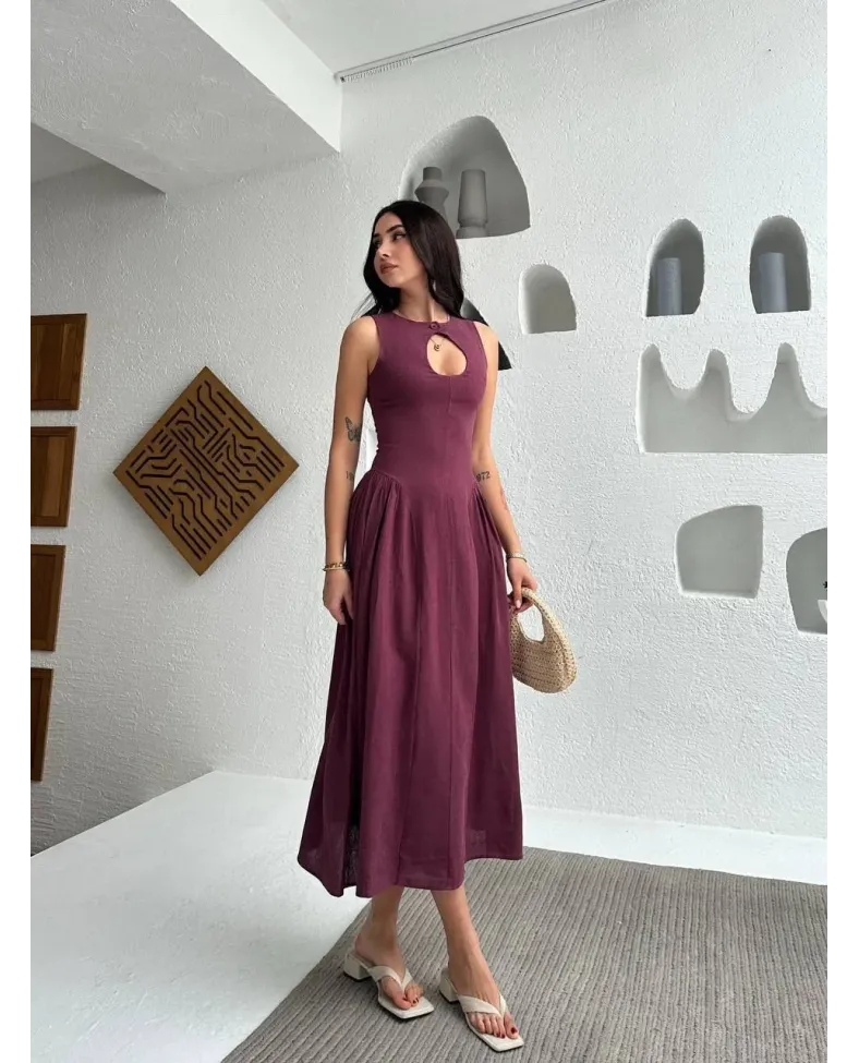 Kolsuz Uzun Kabardin Elbise - Bordo