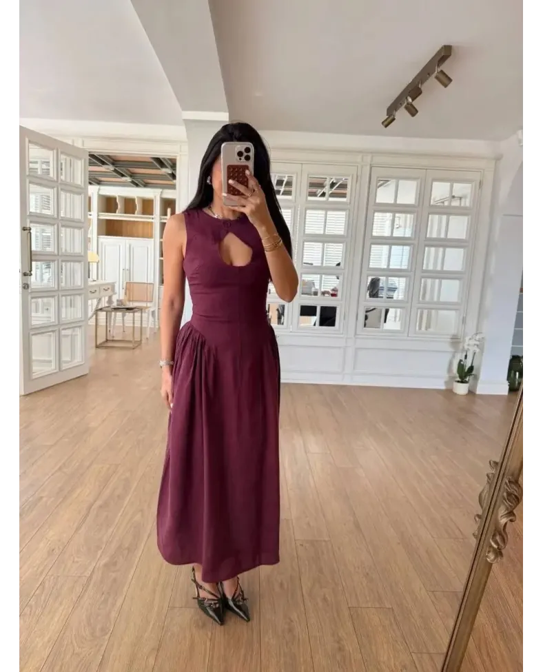 Kolsuz Uzun Kabardin Elbise - Bordo