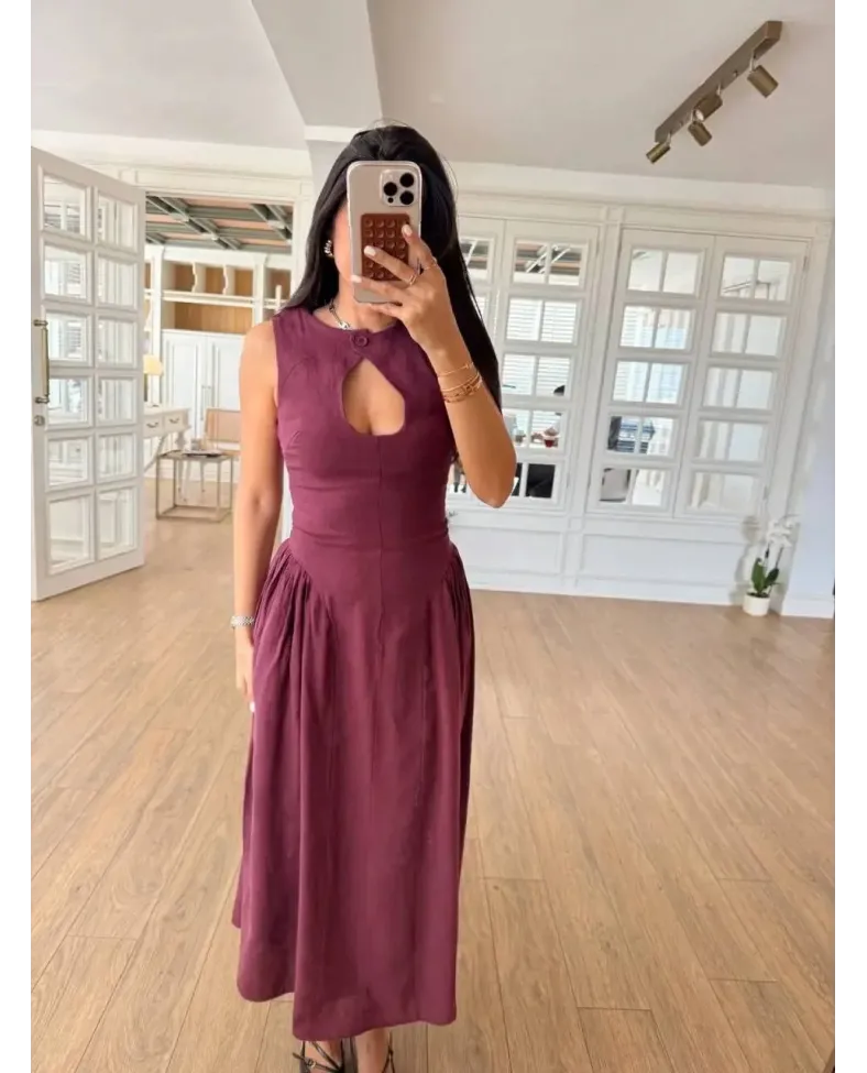 Kolsuz Uzun Kabardin Elbise - Bordo